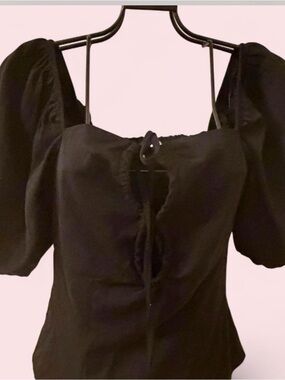 Heatherly top Black Puff Sleeve Tie-Neck Women's